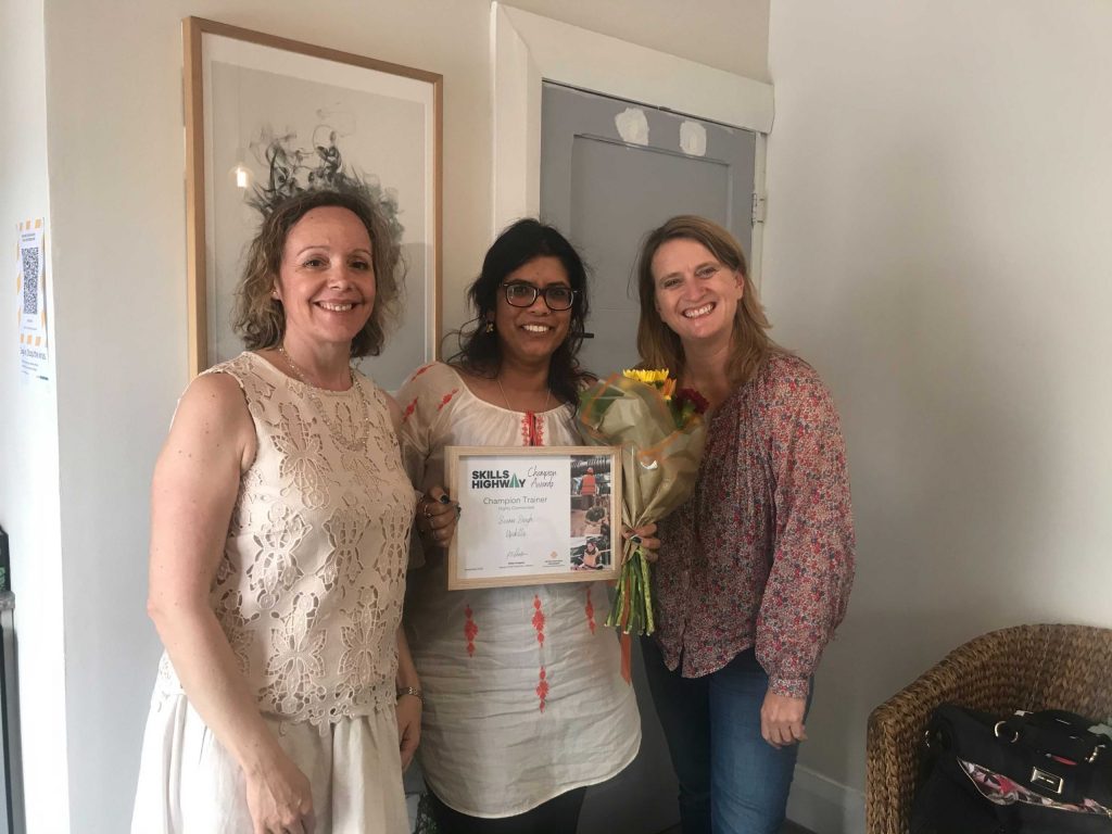 Left to right, Holly Patterson (Upskills director), Seema Singh our champion trainer and Sarah Balfour (Upskills director)